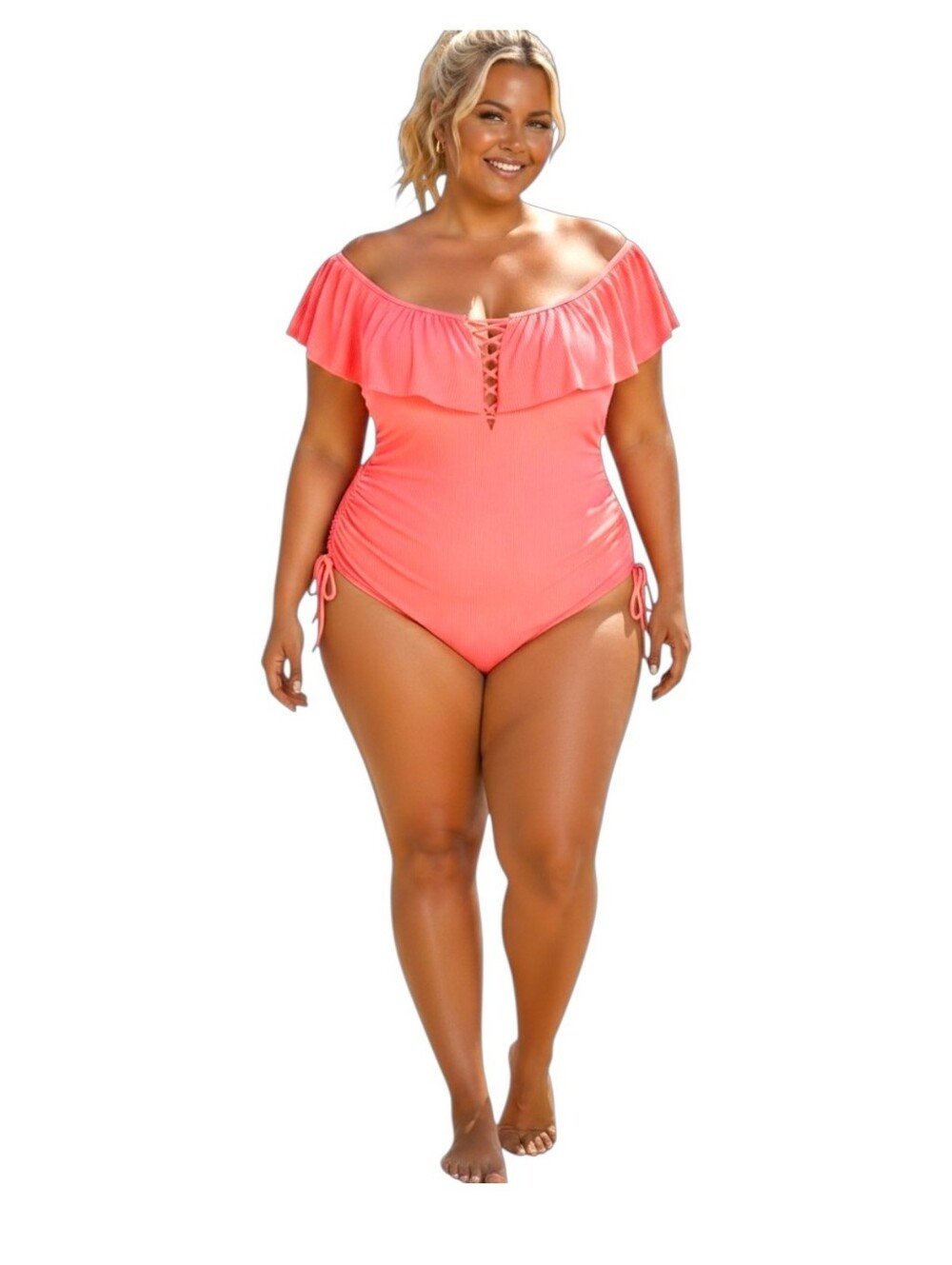 Coastal Waves 3X Coral Fire Ribbed Off Shoulder Lace Up One Piece Swimsuit NWT